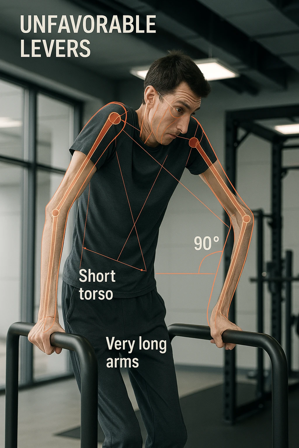 a tall, lean man with very long arms and a short torso attempts a dip on parallel bars. His elbows are deeply bent and his body appears awkwardly positioned, highlighting the mechanical disadvantage. An overlay shows anatomical lines and angles, with labels explaining “unfavorable levers.” The background is a modern gym, with a focus on biomechanics. emoji