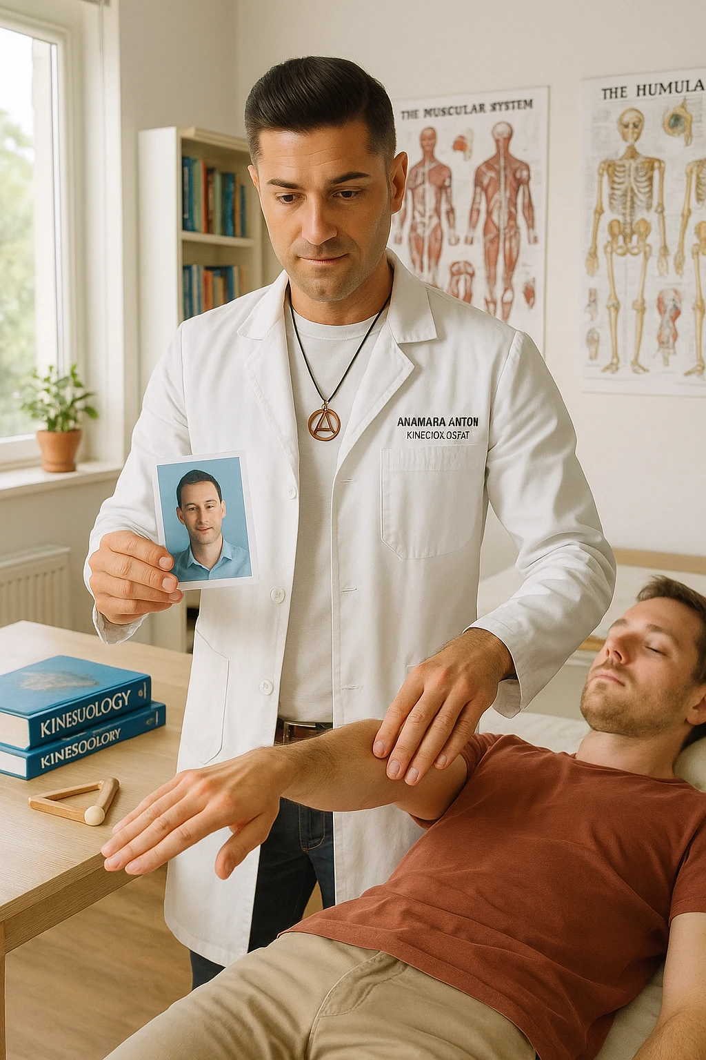 a middle-aged man, dressed in casual professional attire, is in a bright, organized therapy studio. Durante una visita di kinesiologia, il praticante tiene con una mano la foto di una persona lontana (il “testimone”) appoggiata su un tavolo, mentre con l’altra mano esegue un test muscolare su un cliente presente. Sullo sfondo si vedono libri di kinesiologia, poster anatomici e strumenti tipici della disciplina. L’atmosfera è concentrata e serena, con luce naturale che entra dalla finestra, sottolineando l’aspetto alternativo e umano della pratica. emoji