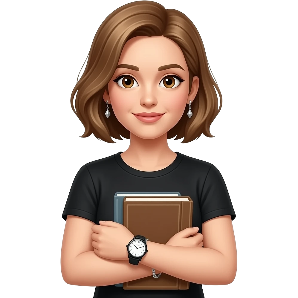 femme cheveux chatains blonds au carré, raie sur le côté droit, yeux marrons, lèvres fines, t-shirt noir, boucles d'oreilles pendantes en argent, des livres dans les bras, une montre noire et ronde au poignet gauche et un bracelet en argent au poignet droit, emoji