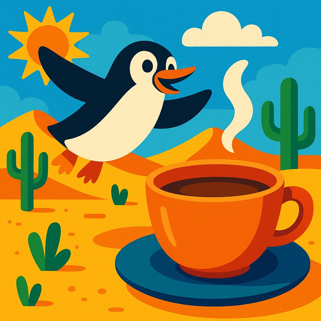 A penguin flying in the desert next to a big cup of tea, vibrant and playful style emoji