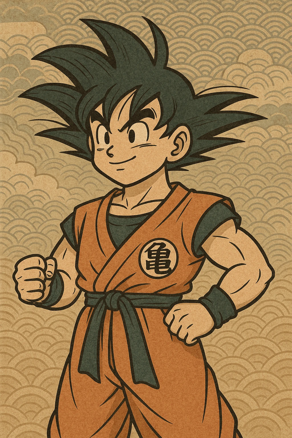 Goku in anime style, spiky hair, orange gi, confident pose emoji