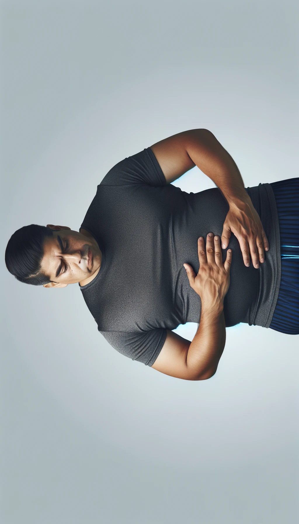 UOMO FITNESS LEGGERMENTE SOVRAPPESO, SI TOCCA LA PANCIA CON ESPRESSIONE DISPIACIUTA IN VOLTO, iperrealistico 4k emoji