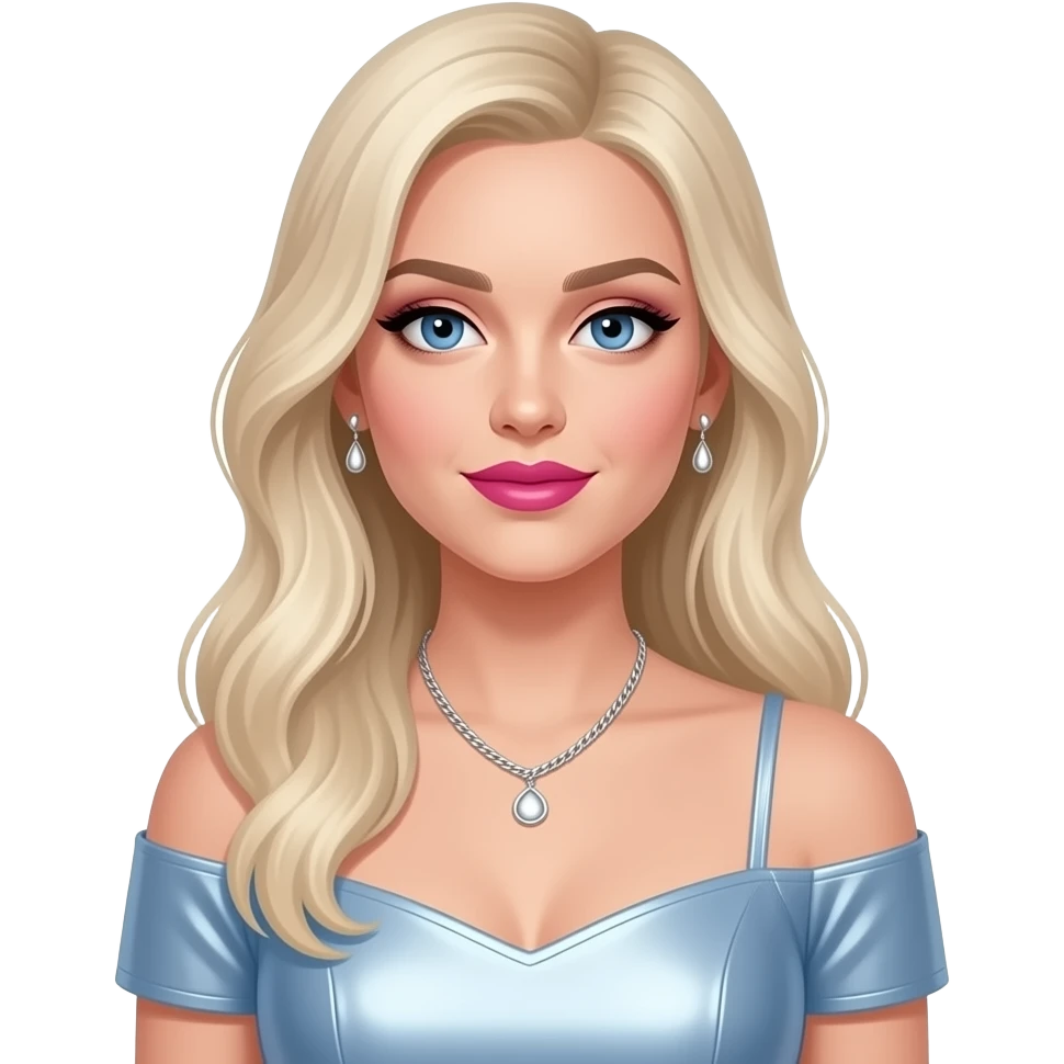 Sabrina Carpenter with blue eyes, long platinum blonde hair, white eyeshadow, hot pink lipstick, light blue metallic off shoulder dress, silver necklace and earrings emoji