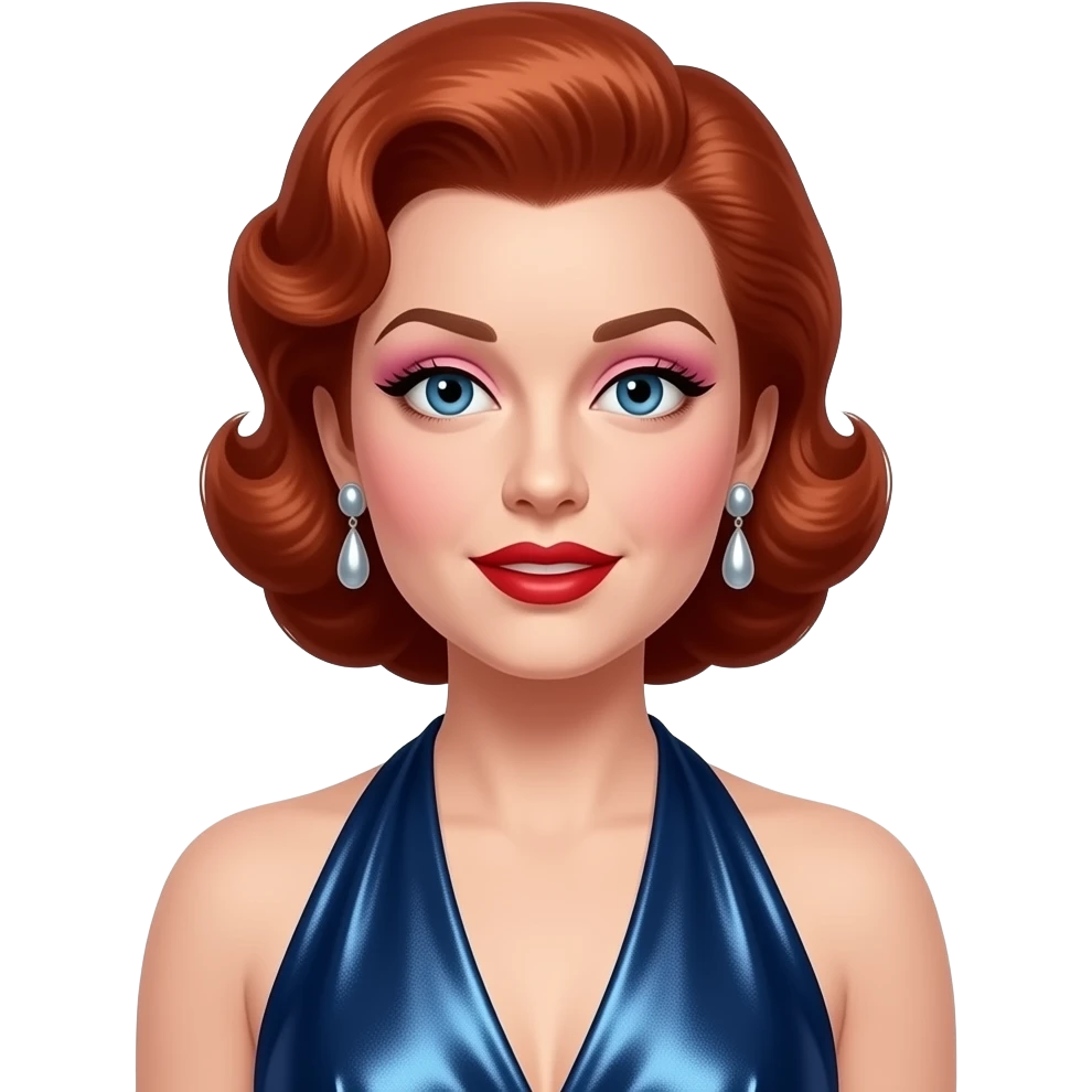 Lucille Ball with blue eyes, red beehive hair, pink eyeshadow, red lipstick, navy blue metallic halter dress, earrings emoji
