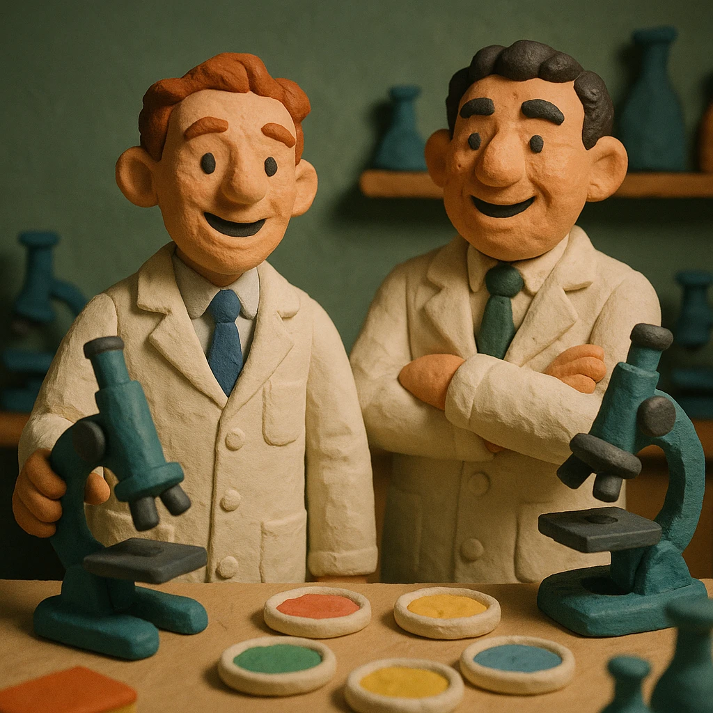 Two happy 1940s male scientists wearing white lab coats over a suite in their science laboratory full of microscopes and petri dishes. emoji