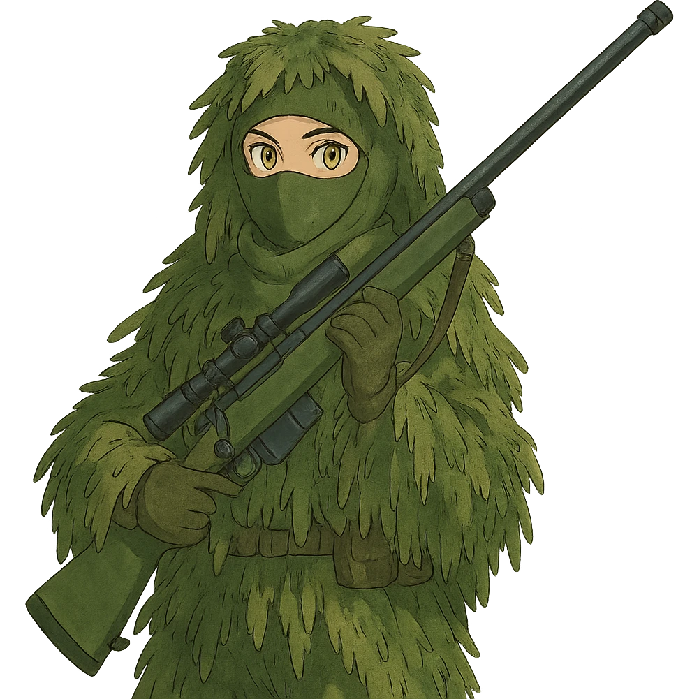 1 female, gold yellow eyes, face covered green balaclava, full military ghillie sniper camouflage, rifle up emoji