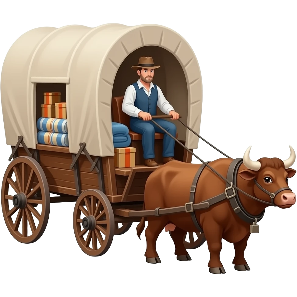 man driving canvas covered brown pioneer wagon pulled by oxen in blue and orange theme. There are piles of boxes and blankets inside of the wagon. emoji