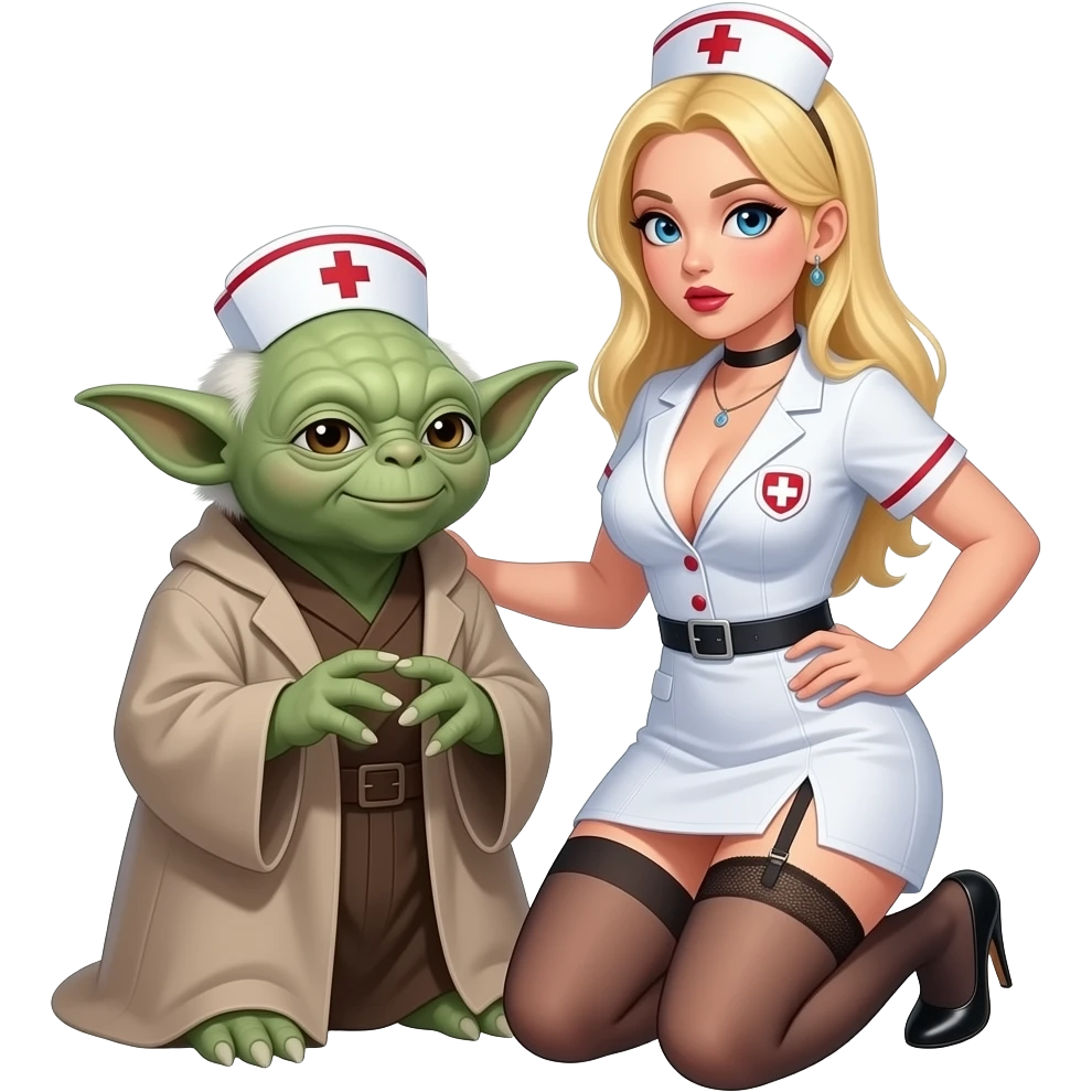Yoda and a blond female apprentice in high heels , visible nipple top button open, ,garter belt  open mouth very very short skirt ,with large breasts kneeling wearing a nurse outfitkneeling emoji