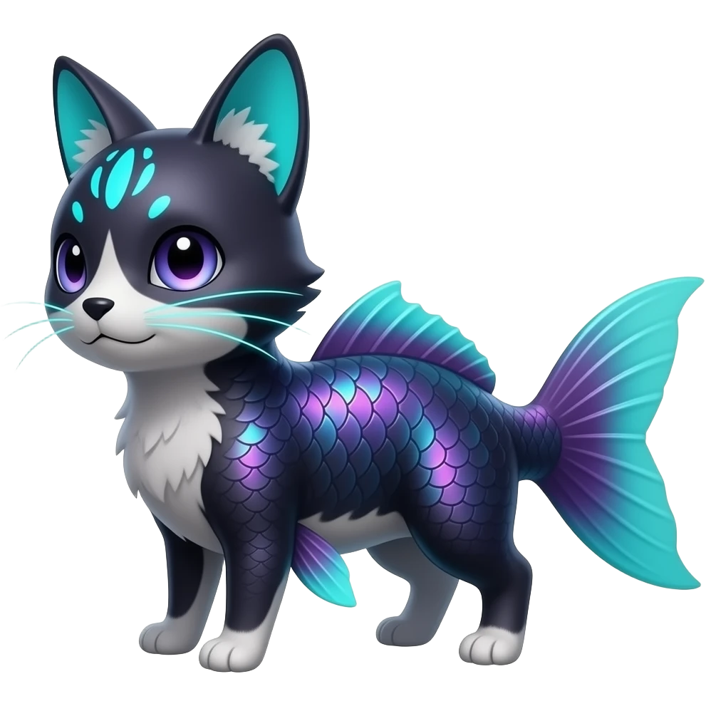 Realistic dusky iridescent-scaled slim smooth shiny glossy elegant mature bioluminescent oil-dark, purplish, neon-cyan-accented, fishy back-finned, abyss-fantasy-Lykoi-Bambino-Vaporeon-Umbreon-Civet-Fakémon-fusion, with thin neon-glowing bulb-whiskers, koi-piebald-flecked full body emoji