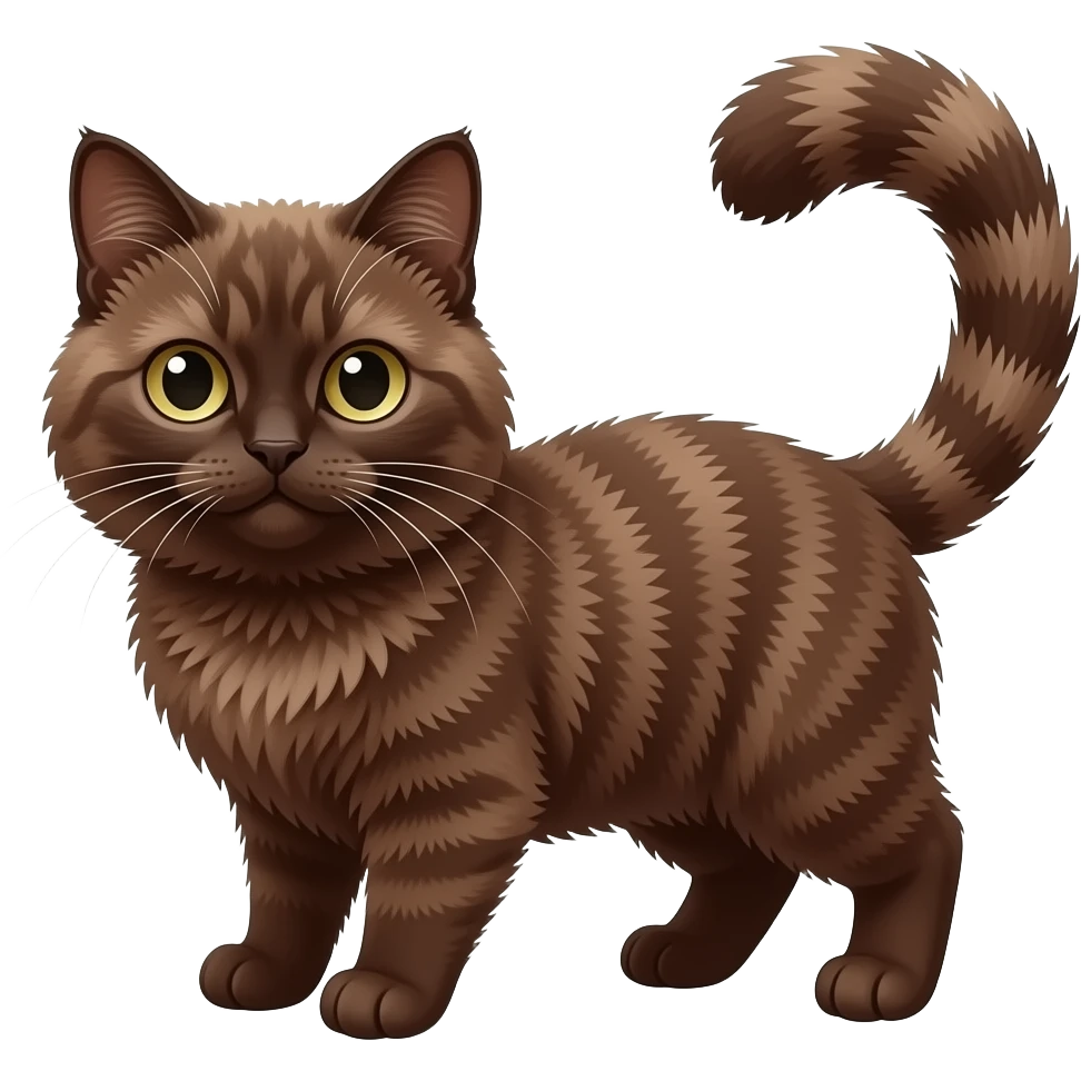 Fuzzy chocolate-brown-pointed Scottish-Fold-Skookum-Kinkalow-Munchkin-Cat-hybrid with a long thin tufted tapered tail and tufted ears emoji