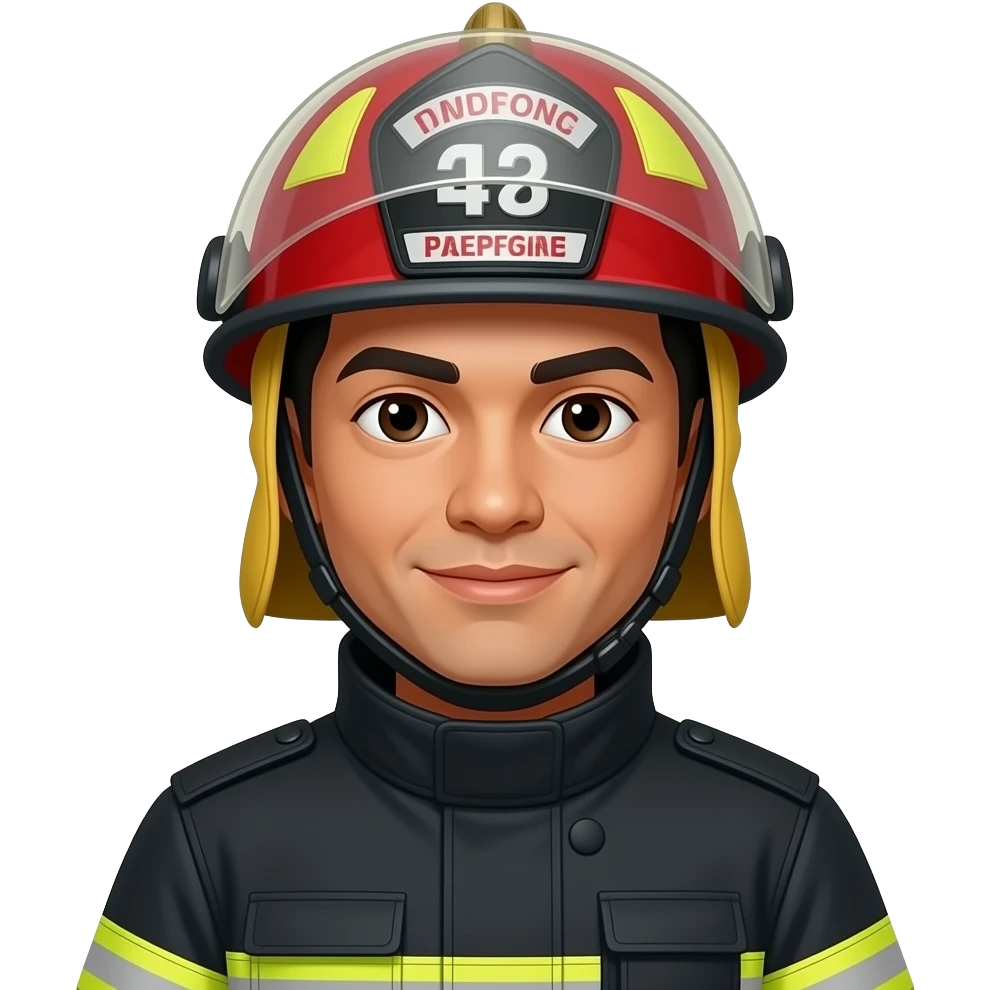 a light color asian guy like a firefighter emoji filipino looking with black and red uniform put ROOC in Helmet emoji