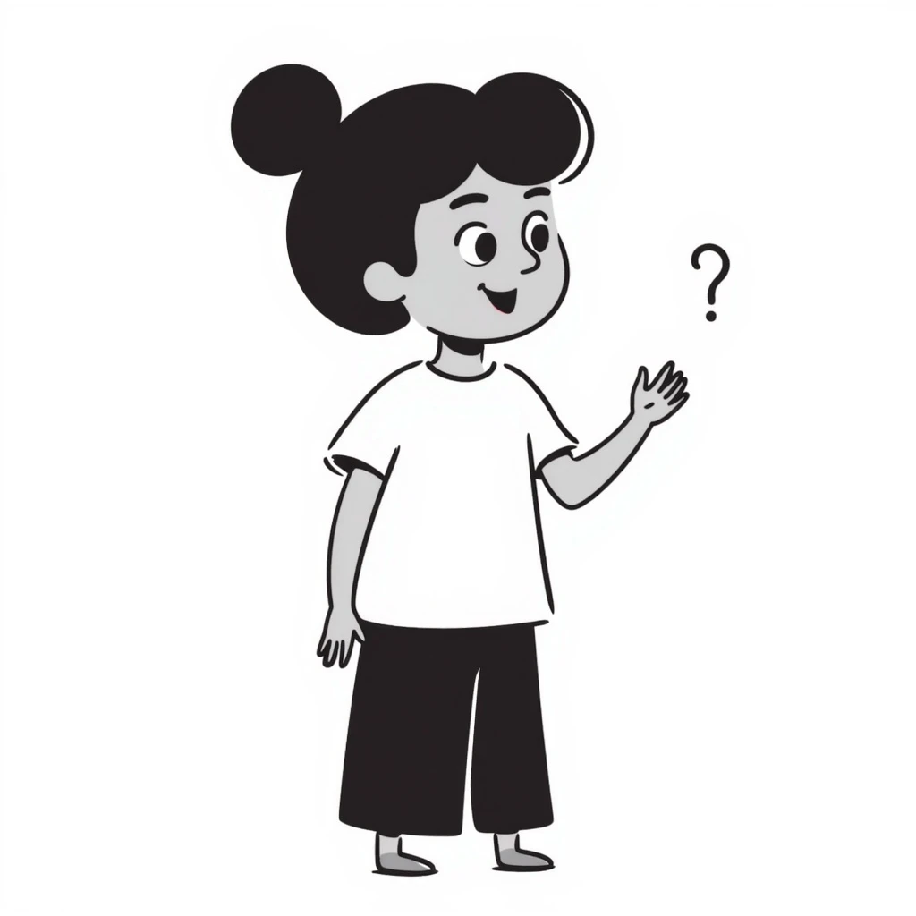 light brown girl, slightly chubby, messy black hair in a bun, red lipstick, light brown eyes, asking a question emoji