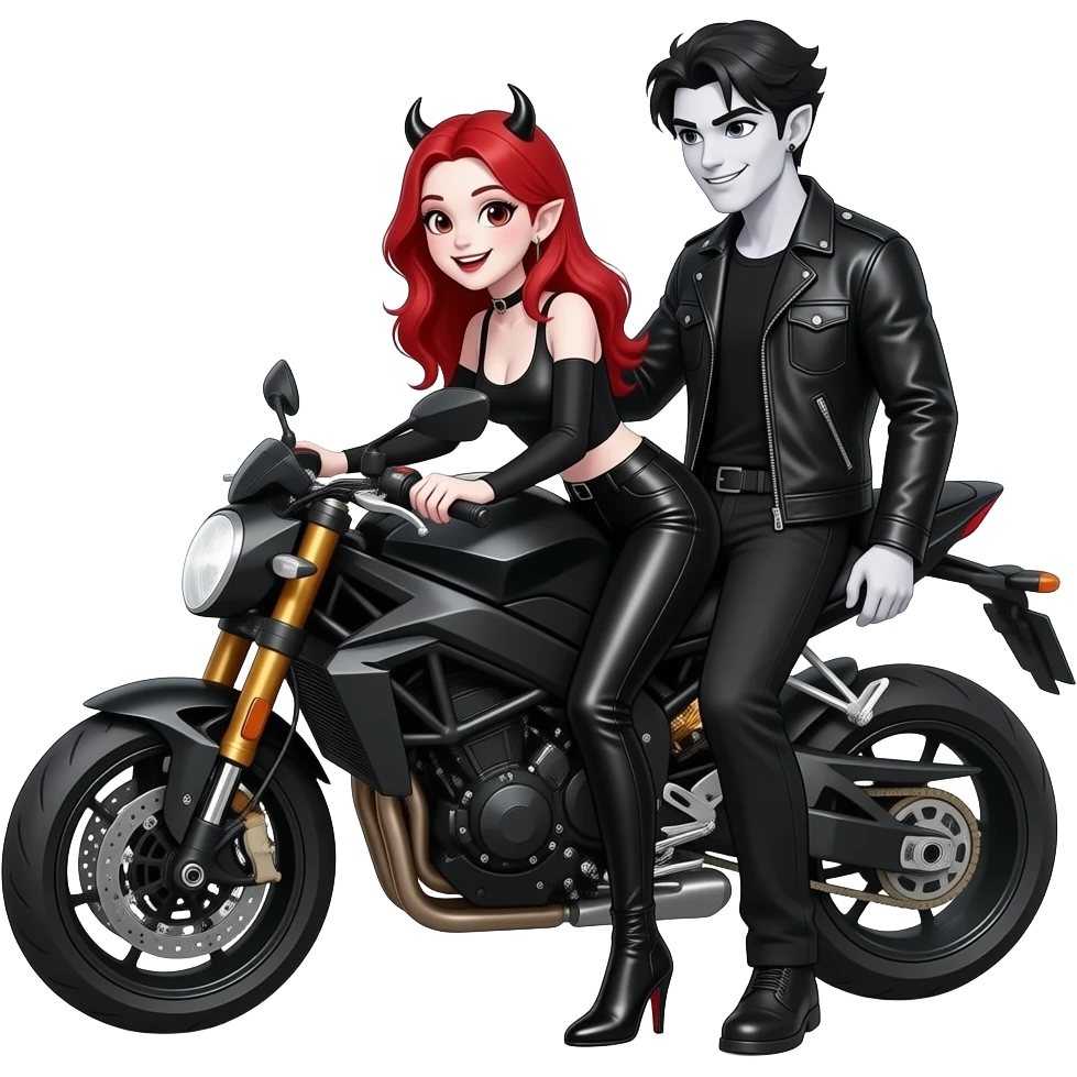 Vampiro femmina ADOLESCENTE con pelle bianca e capelli rossi indossa dei pantaloni di pelle neri e un top nero con le maniche lunghe e degli stivali lunghi con il tacco neri e il suo fidanzato VAMPIRO con la pelle bianca e i capelli neri gli sta insegnando ad andare in moto e sono felici emoji