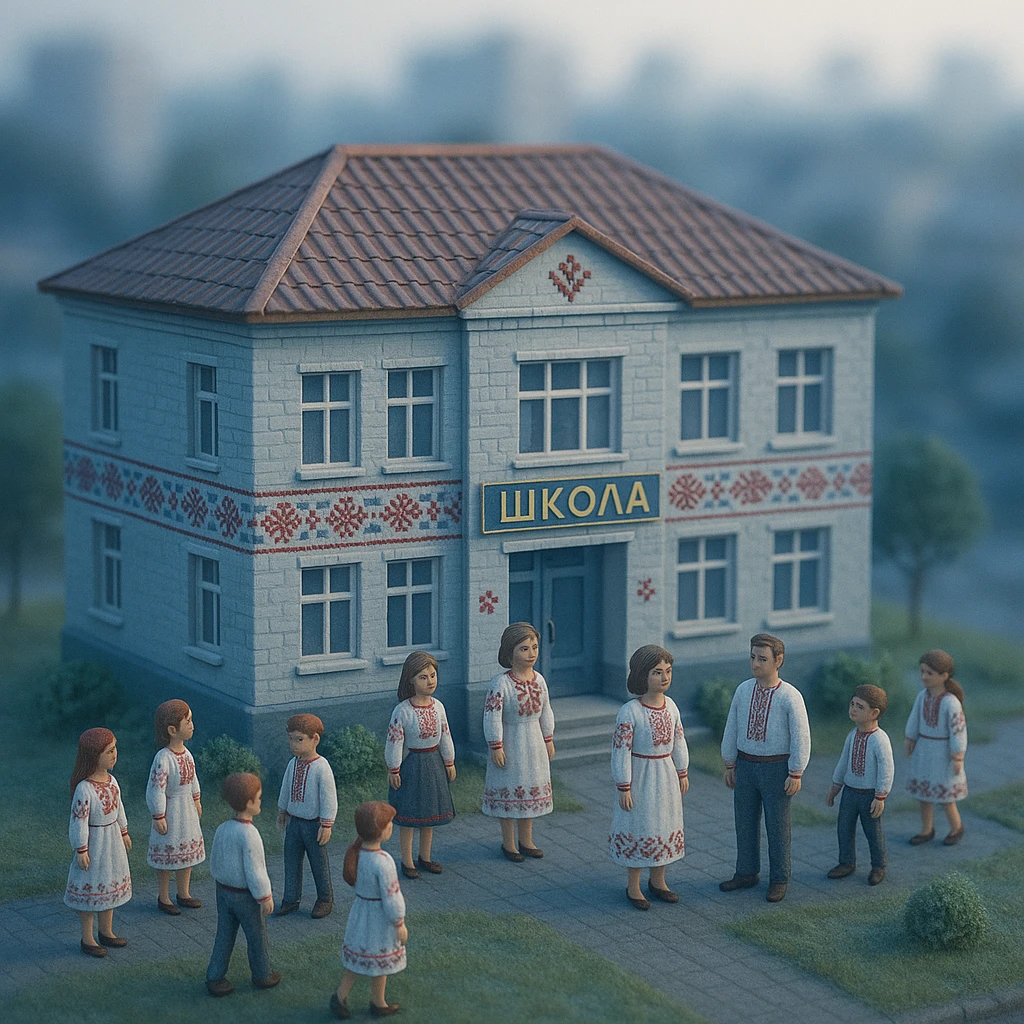 3D tilt-shift diorama of a Ukrainian school, embroidery motif, featuring students and teachers. Cool morning light, dreamy and calm mood, blurred cityscape background. emoji