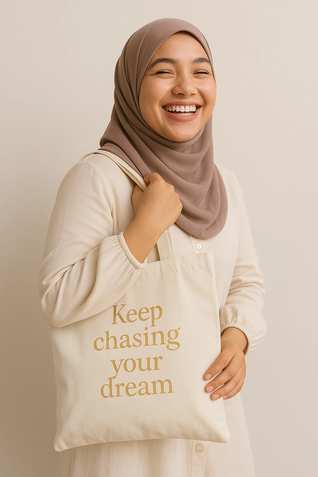 A cheerful hijabi girl, holding a tote bag with the phrase 'keep chasing your dream' written in soft gold text. She looks beautiful and happy. emoji