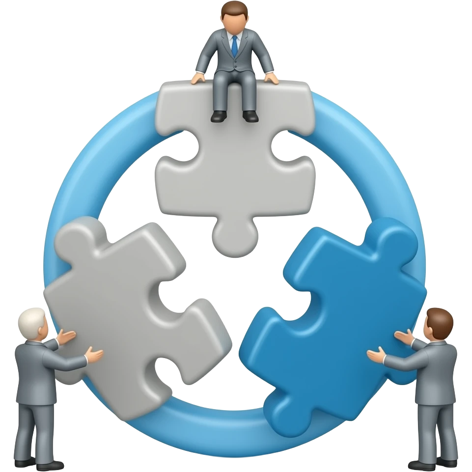 3D icon, teamwork. Three interconnected puzzle pieces forming a circle. Small human silhouettes standing on each piece, holding hands or reaching to the center. Clean white background. Minimalist, corporate style emoji