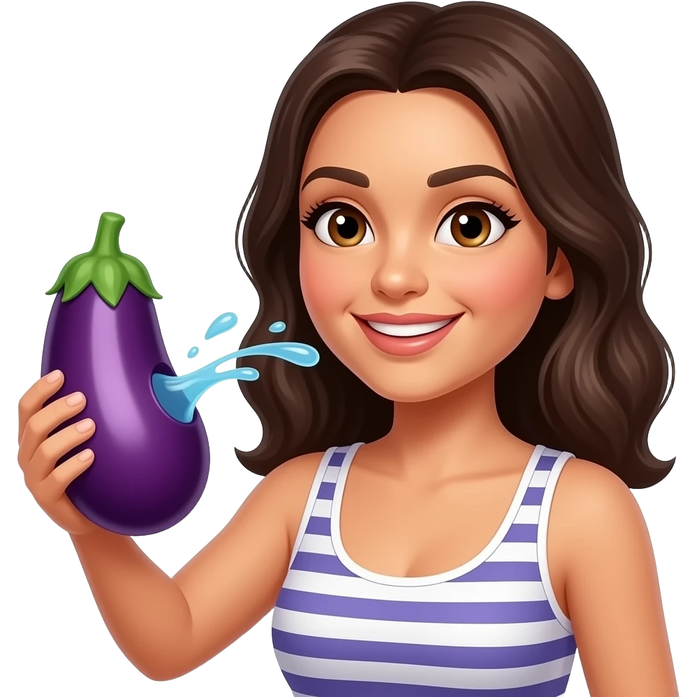 Brunette Latina wife holding a eggplant squirting water emoji