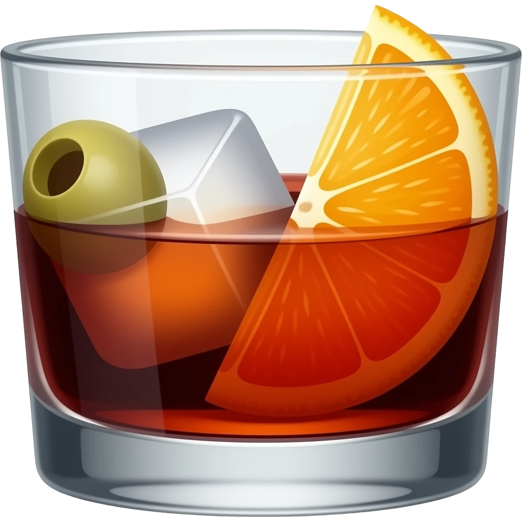 A short whiskey glass full of dark red vermouth. It has a big block of ice, an olive and a thin slice of orange in the glass too emoji