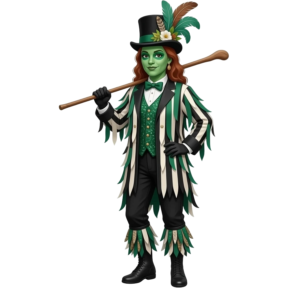 Female Morris dancers carrying a stick with a ragged jacket in black white and green stripes with the occasional piece of sparkly fabric. A top hat decorated with feathers and flowers and green face paint.. emoji