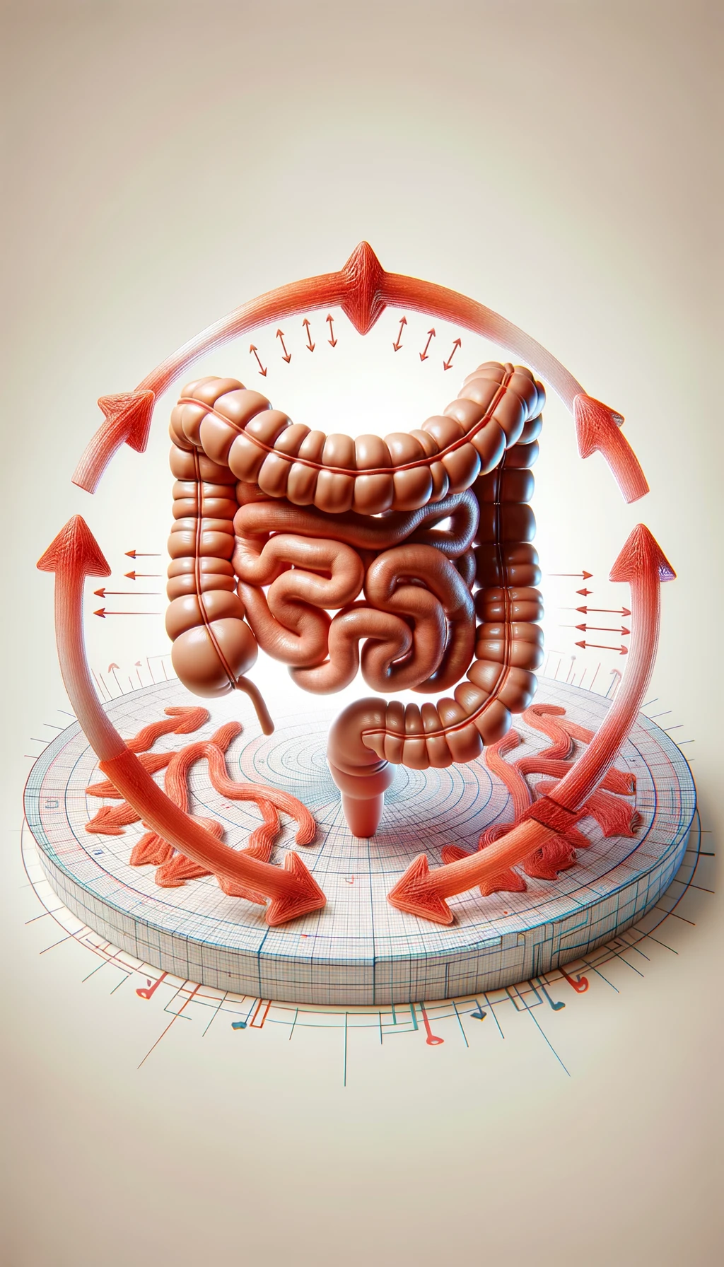 intestino umano anatomico con frecce 3d che gli girano intorno, sfondo chiaro, iperrealistico 4k emoji