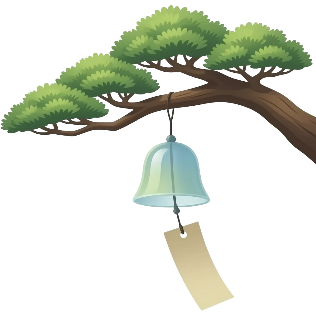 "A Japanese furin wind chime hanging from a bonsai tree branch. A single rectangular paper strip is attached below, moving softly with the wind. The paper changes color randomly each time. Minimalist scene, soft natural lighting, calm atmosphere, Japanese aesthetic." emoji