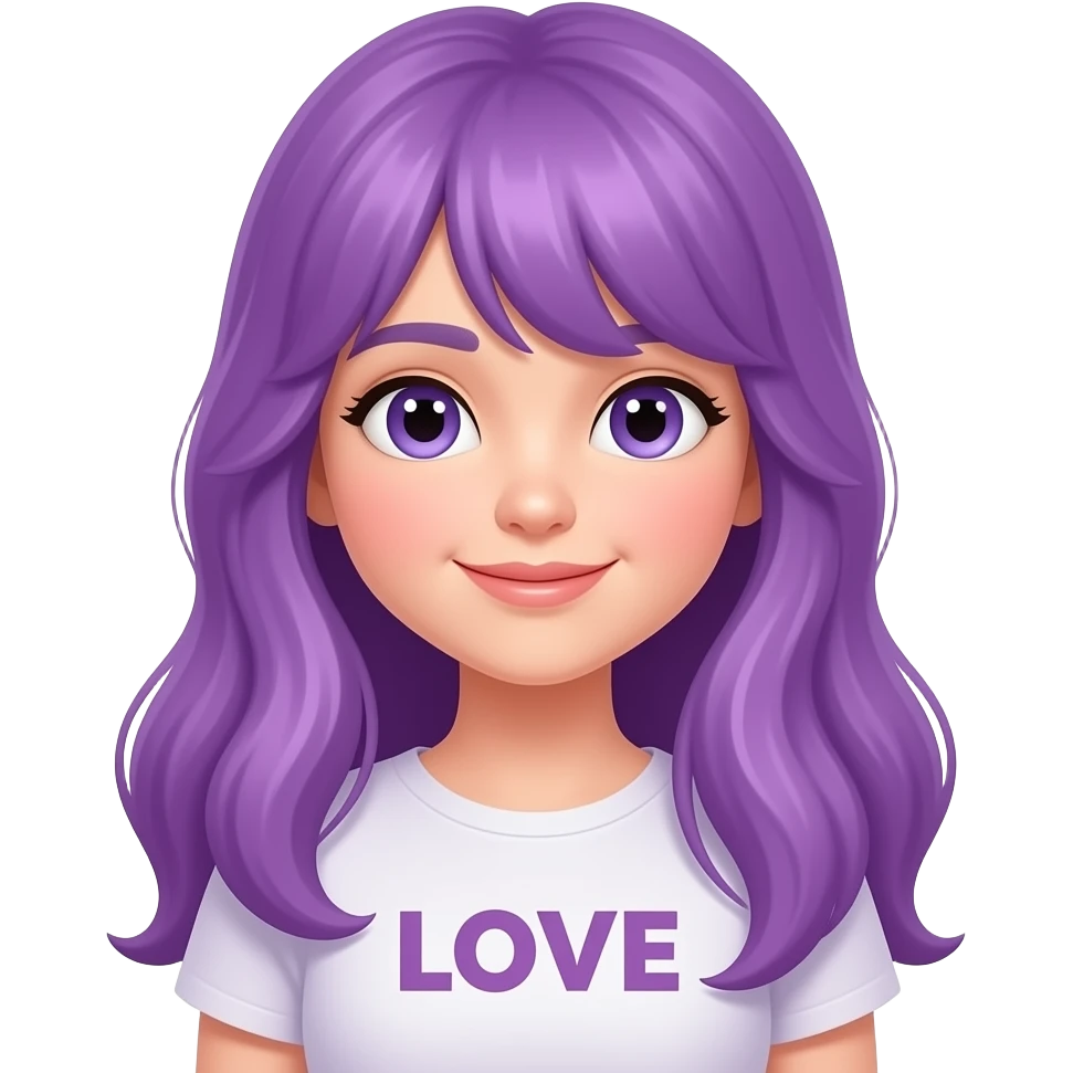 girl with long purple hair with a LOVE sign emoji