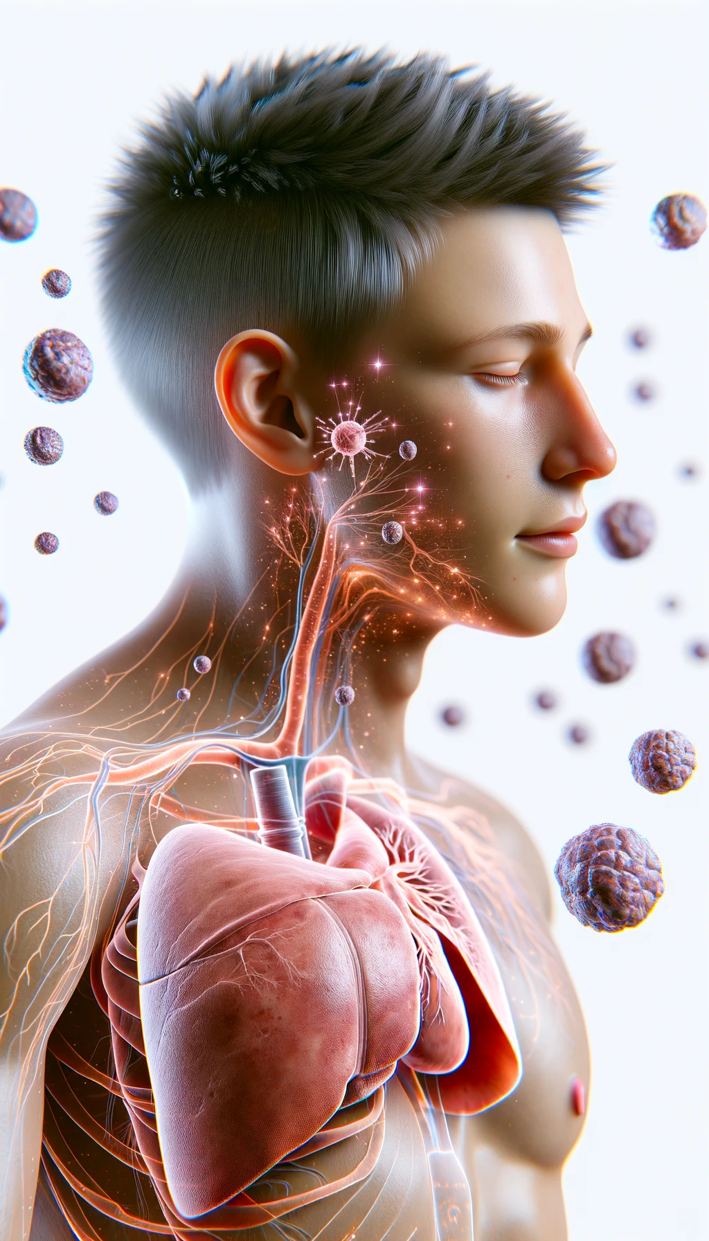 corpo umano anatomico con capelli corti e gli occhi chiusi, intorno a lui fluttuano cellule, fegato in evidenza, ha l'espressione rilassata, visto dal fianco iperrealistica 4k, isolato su sfondo bianco emoji