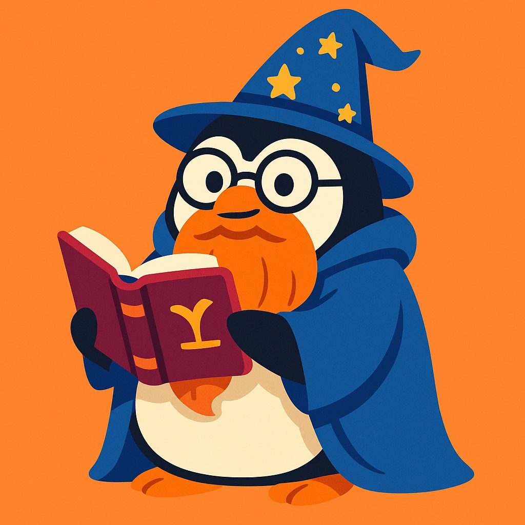 chubby penguin wizard with glasses, a long beard, and a blue cloak, holding an open spellbook emoji