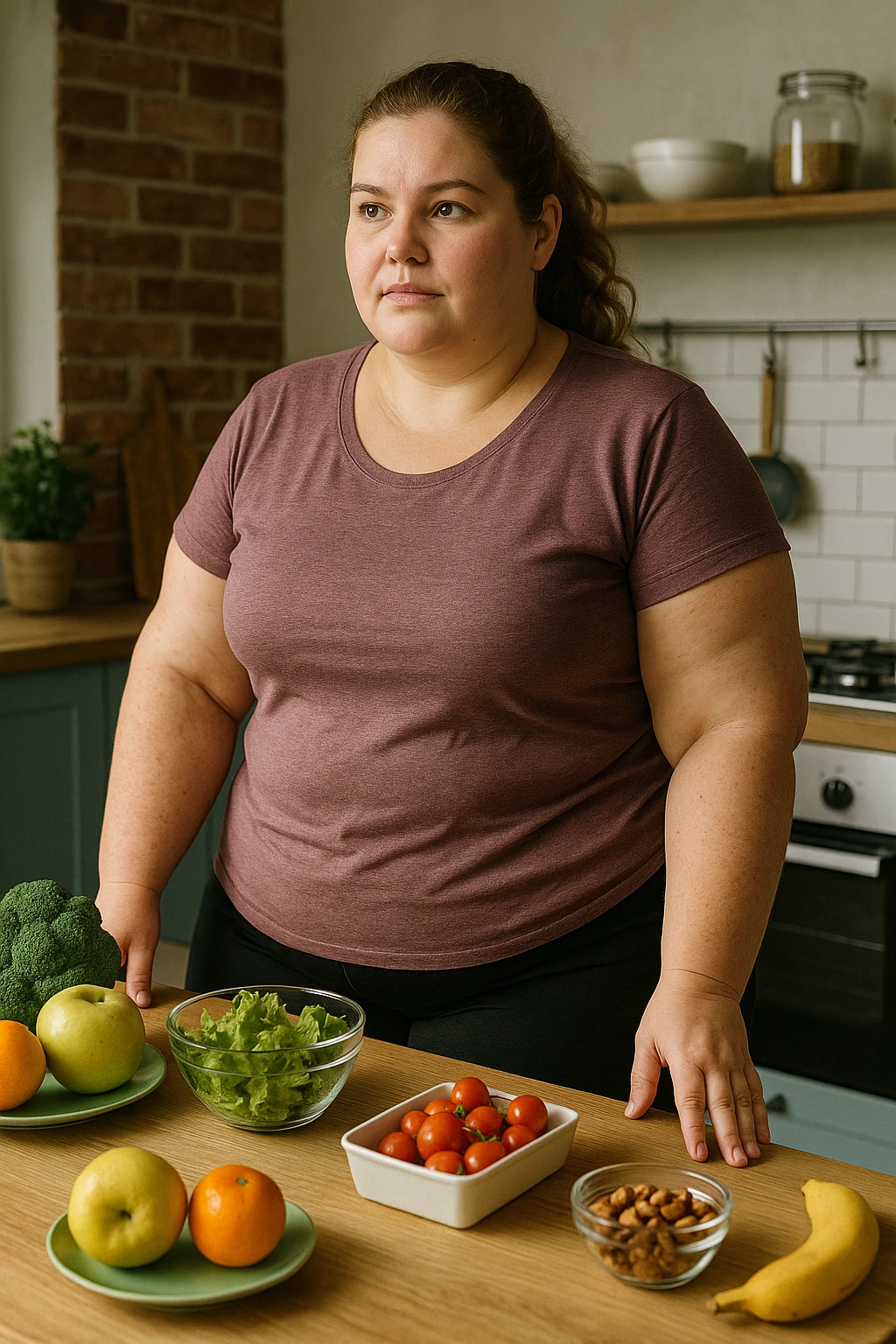 Donna con Lipedema che fa la dieta per migliorare anche a causa della sua PCOS, immagine realistica emoji