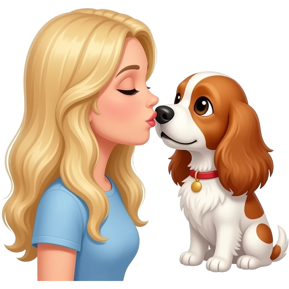 White woman with Long blond hair kissing White/red cockerspaniel on nose emoji