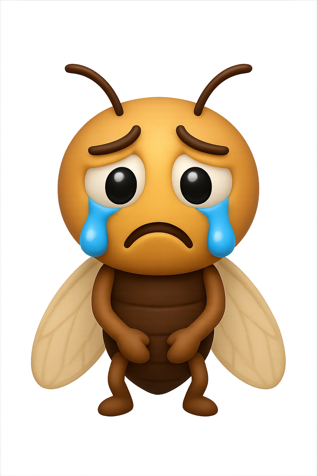 EMOJI STILE IPHONE 3D DI una cicala triste che si tocca le cosce e piange perché non le piace il suo fisico, posa frontale, fagli anche la parte bianca degli, non solo la pupilla emoji