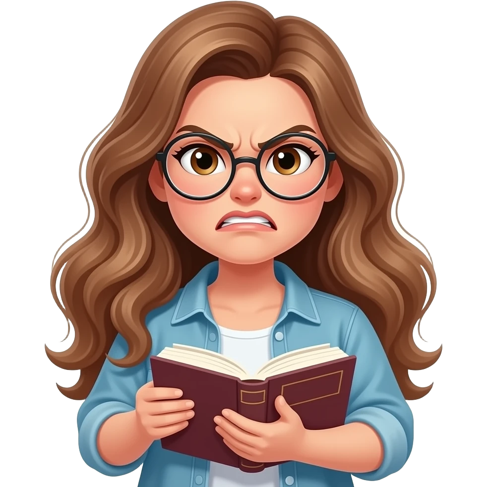 detailed emoji illustration of a curvy woman with long light brown wavy hair, light brown eyes and round glasses, and a cool outfit holding a book with an angry expression, frustrated by the story, cute emoji style emoji