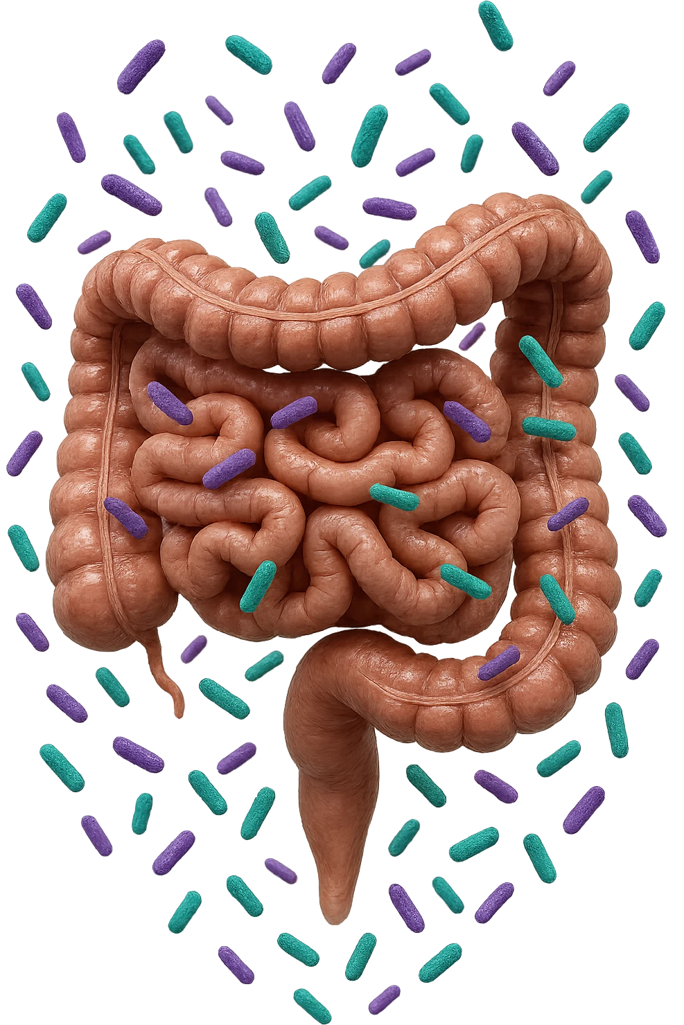 intestino umano anatomico realistico pieno di batteri intestinali viola e turchesi che gli fluttuano intorno, IPERREALISTICA 4K emoji