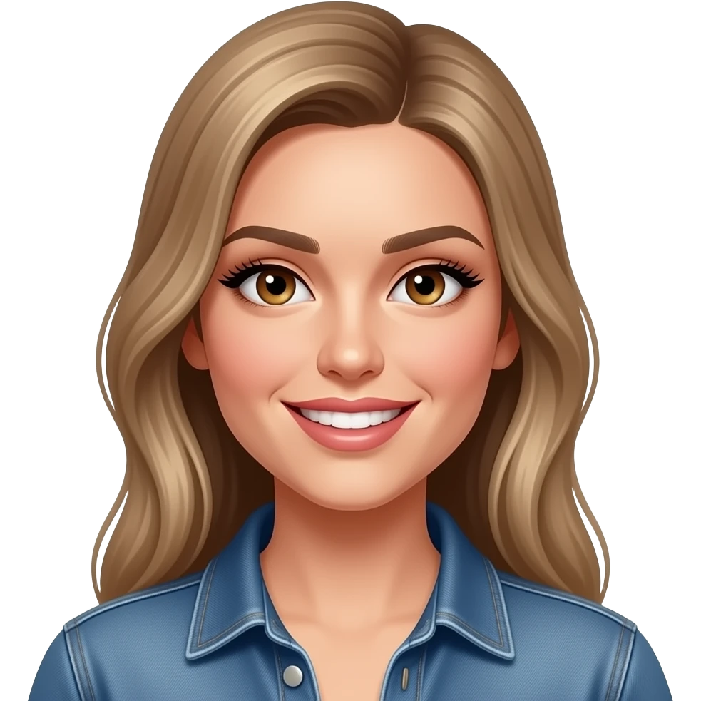 Woman with an oval face, light tan glowing skin, large almond-shaped hazel eyes with long lashes, light full arched eyebrows, straight slim nose, full lips, long light blondish brown smooth hair, symmetrical model-like face, elegant and slightly intense expression. Smiling and jeans emoji