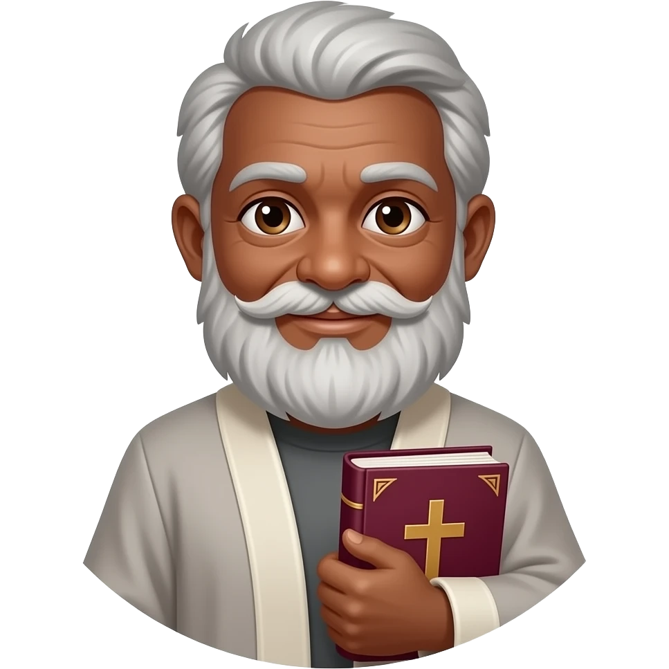 wise old man with grey hair robe slight smile brown eyes white beard black skin with burgundy book that has a cross on it no circle emoji