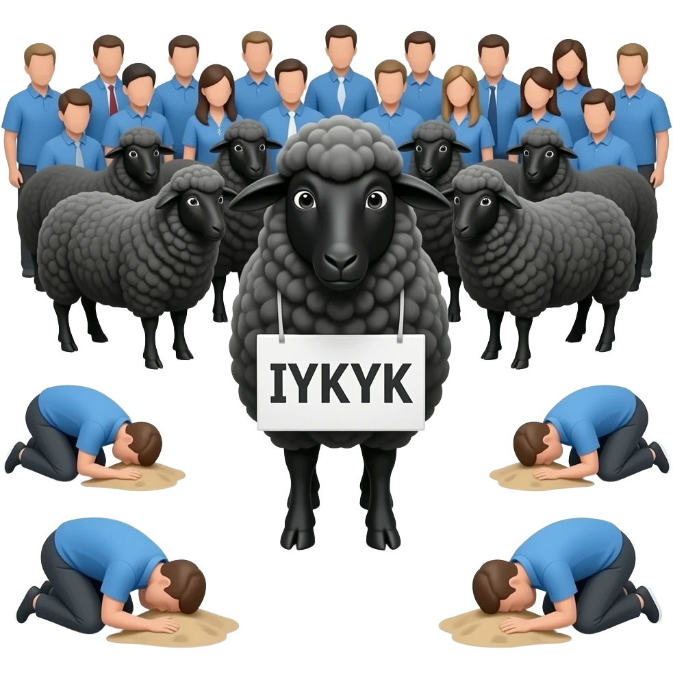 Black sheep with a sign saying “IYKYK. The black sheep is surrounded a flock of black sheep. and in the background is people Burying their heads in the sand in blue tops. make it a full black sheep the wool is black. emoji