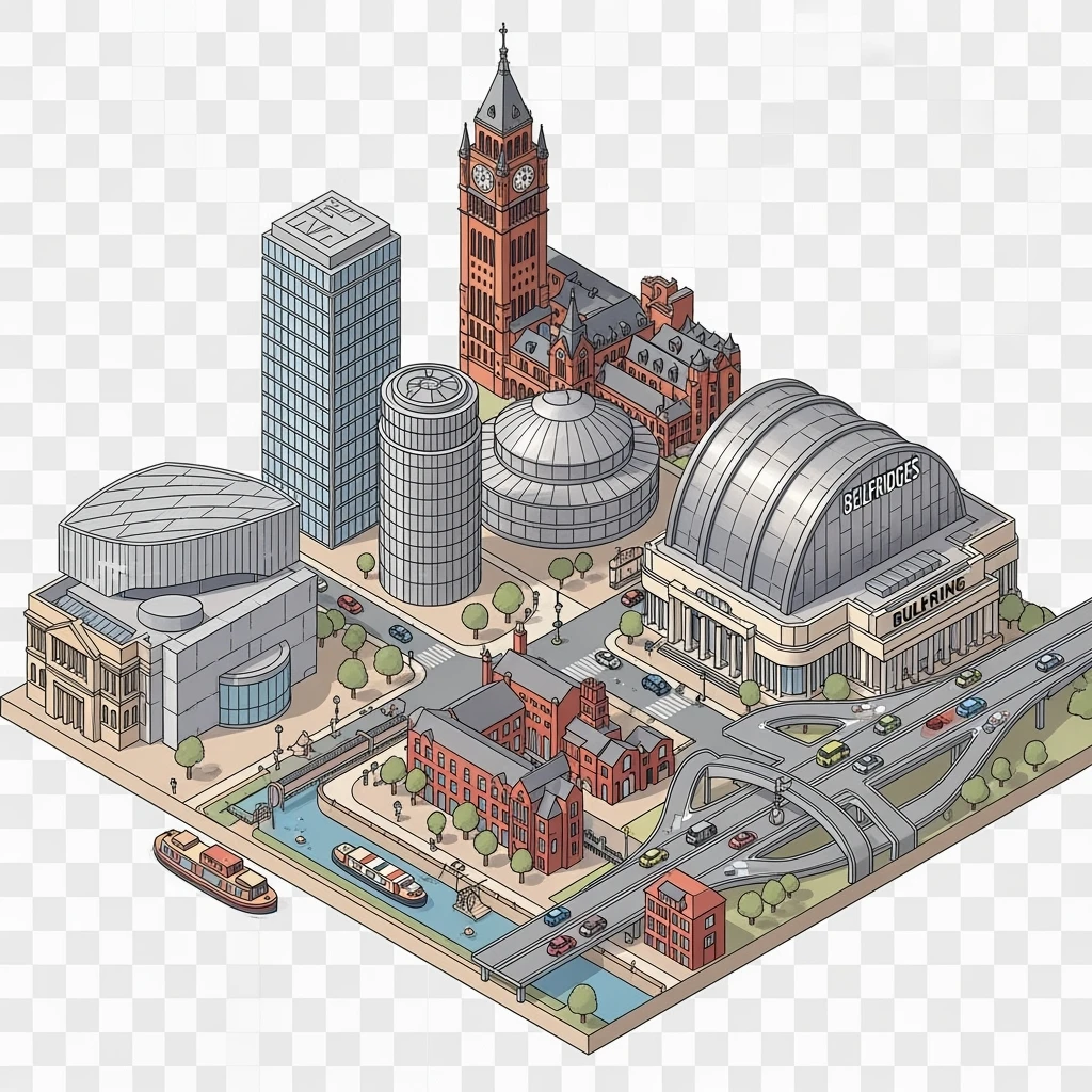 Isometric illustration of the Birmingham with iconic cities landmark, miniature slightly hand-drawn style, transparent background. emoji