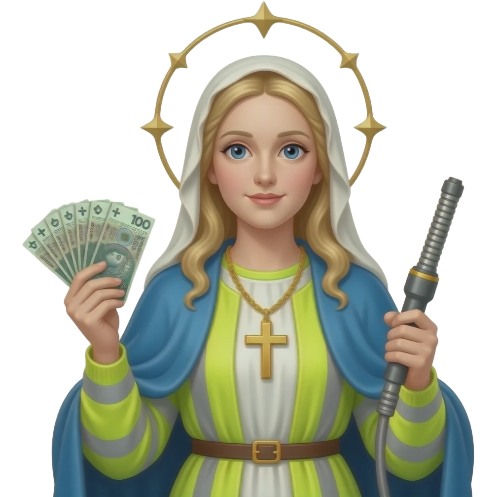 blond virgin marry with gloden cross necklace in neon yellow highviz clothes with a polski złoty bank notes in hand and in left hand power washer wand emoji