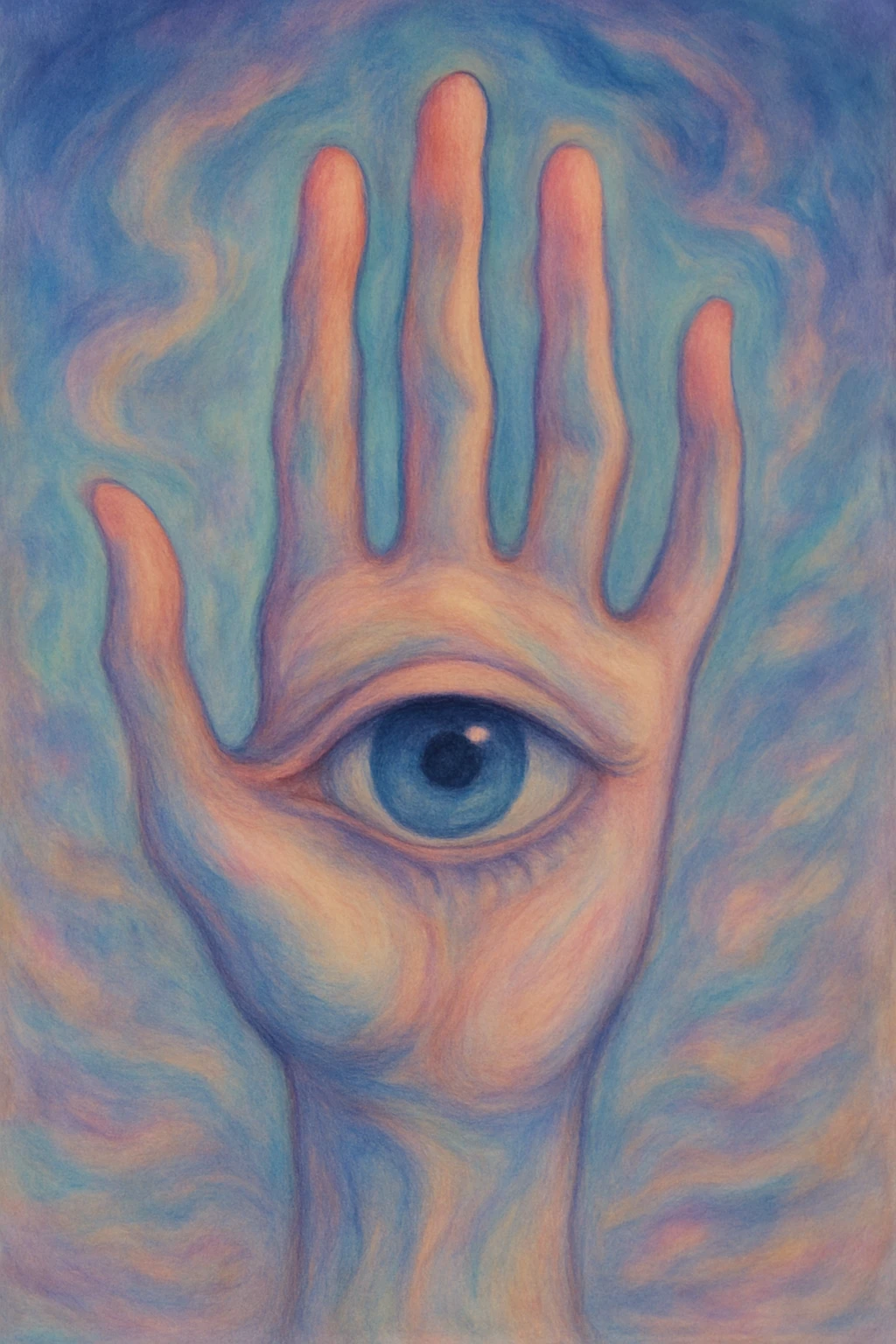 a surreal style hand with a single large eye in the center, dreamlike and imaginative emoji