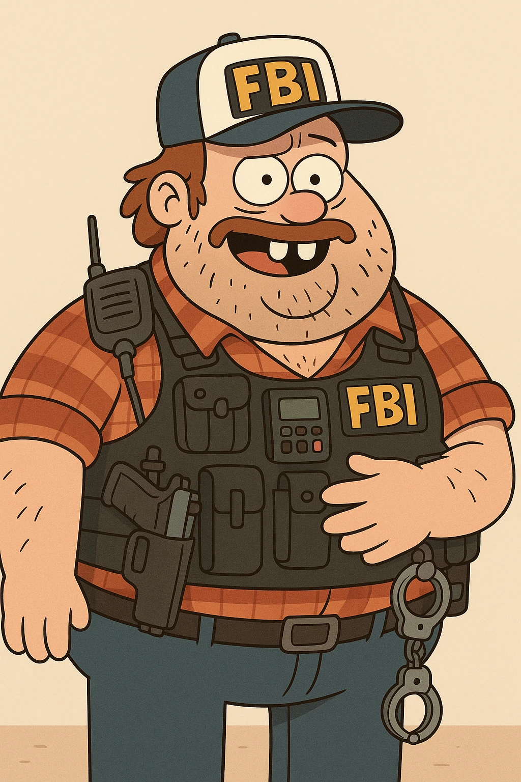 A chubby federal agent with buck teeth, tactical vest full of gadgets, redneck appearance with trucker hat, plaid shirt, and scruffy beard, fun and exaggerated style emoji