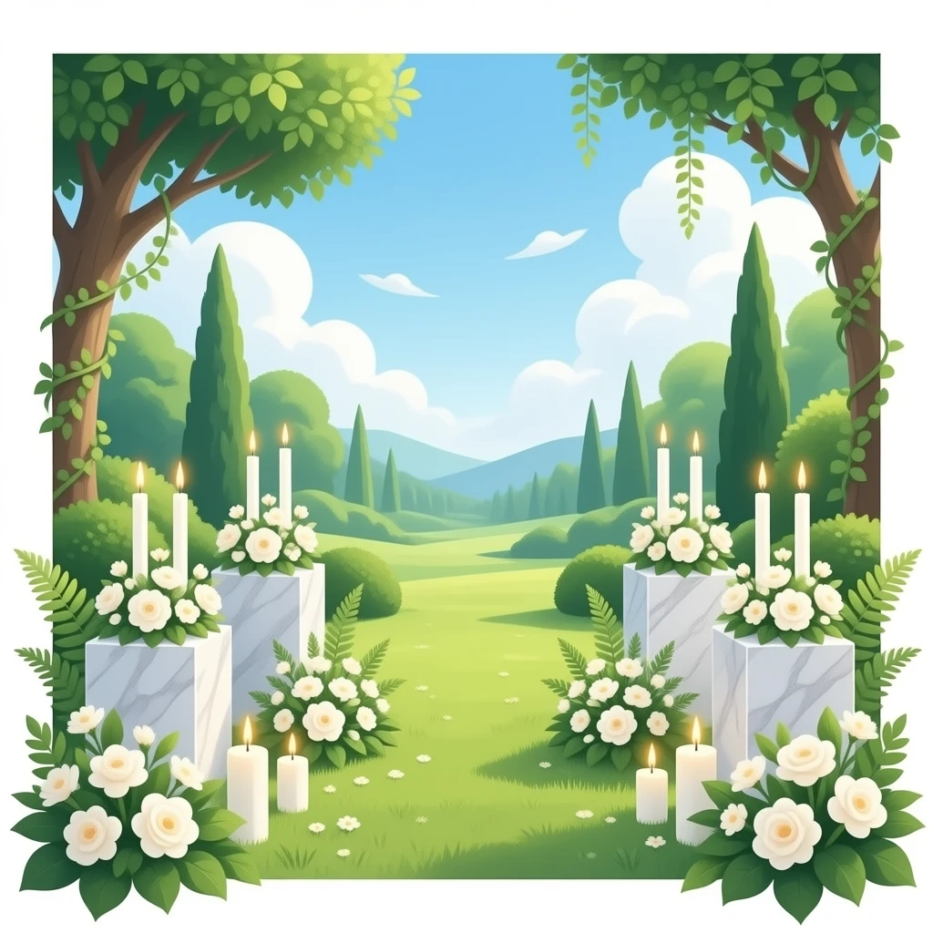 Aesthetic scenic beautiful gorgeous pretty elegant sparkly shiny scene of Candles white and with flowers and marble pedestals and lush vines and ferns emoji