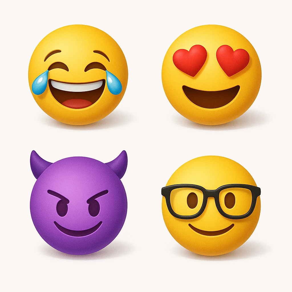 make four emojis on white background with good amount of shadow, four emojis of smiley's only. one laughing, second heart eyes, third purple devil and four black glasses emojis  emoji