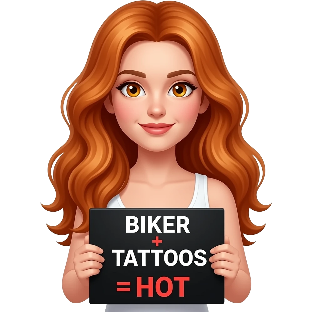 sexy girl with long wavy ginger hair and ginger eyes wearing a white tanktop is holding a black colored sign with BIKER + TATTOOS = HOT written on it emoji