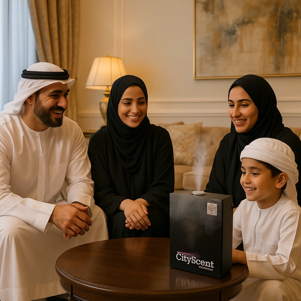 Place this exact CityScent air freshener machine on a table in a luxurious living room. Show a family in Arabic dress gathered around, smiling and enjoying the scent. The scene is realistic, elegant, and inviting. emoji