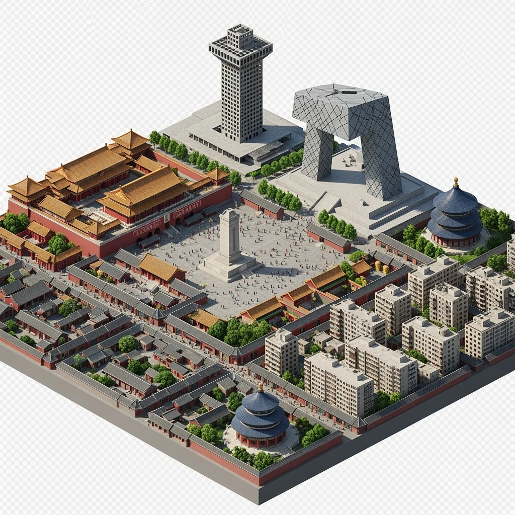Isometric miniature of Beijing Forbidden City, Tiananmen Square, CCTV Headquarters, Temple of Heaven, and crowded hutong alleys, sprawling apartment blocks, 3D miniature effect and Tilt Shift effect, no cartoonish look, transparent background. emoji