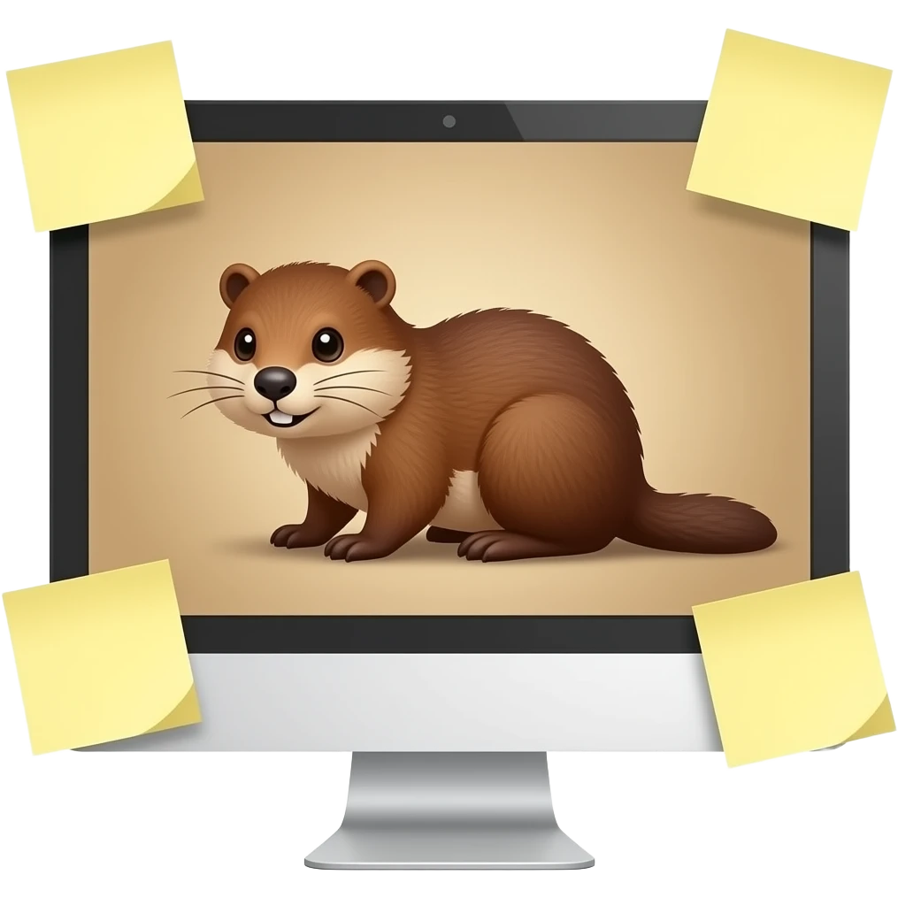 completely white computer monitor with only 3 soft yellow colored sticky notes randomly placed on the sides of it and a light brown background on the screen with a beaver on it emoji