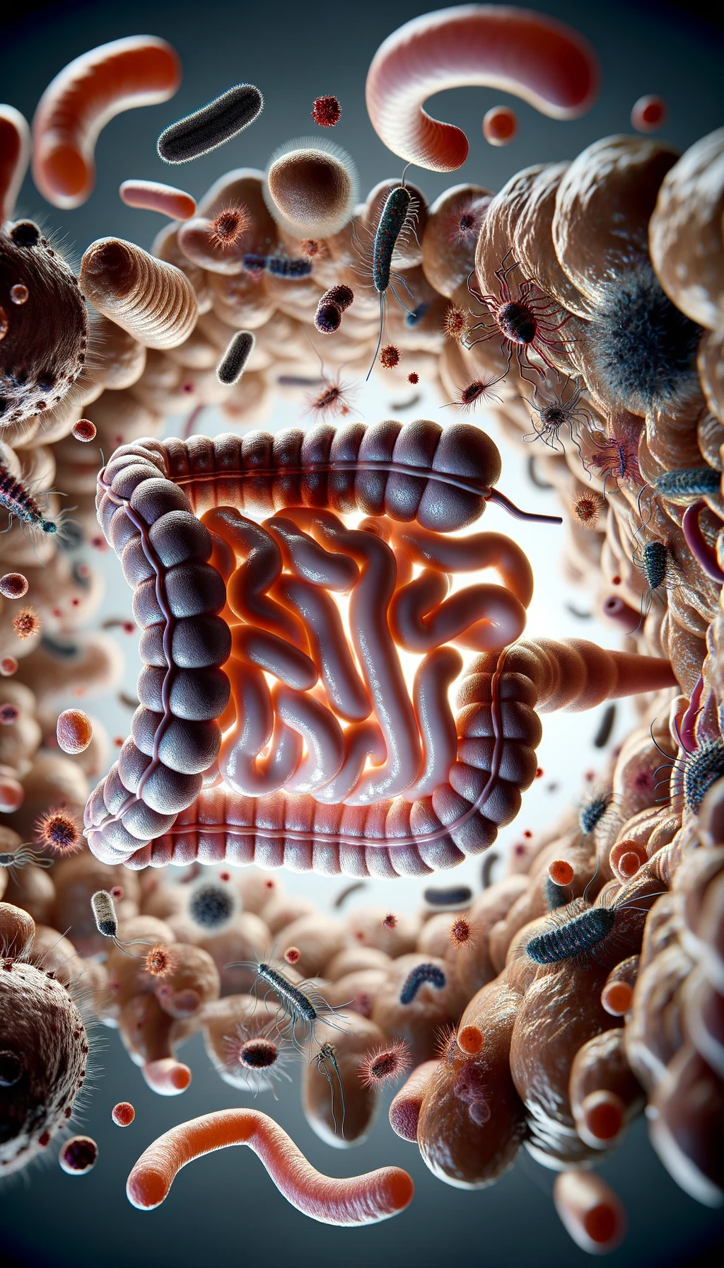 INTESTINO UMANO ANATOMICO REALISTICO CIRCONDATO DA PARASSITI E BATTERI INTESTINALI, IPERREALISTICO 4K emoji