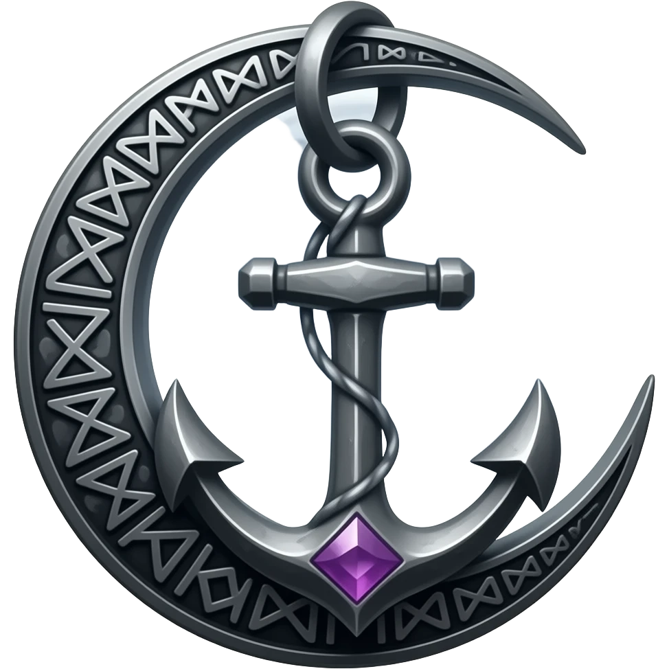 „blackened crescent‑moon and anchor pendant fused together, intricate runic engravings, small purple crystals emitting mist, moonlight reflecting on metal, ethereal atmosphere, high detail, no characters“ emoji