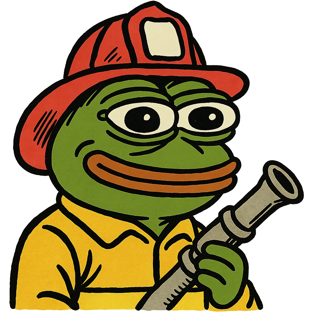 Pepe the Frog as a firefighter with helmet and hose, meme style emoji