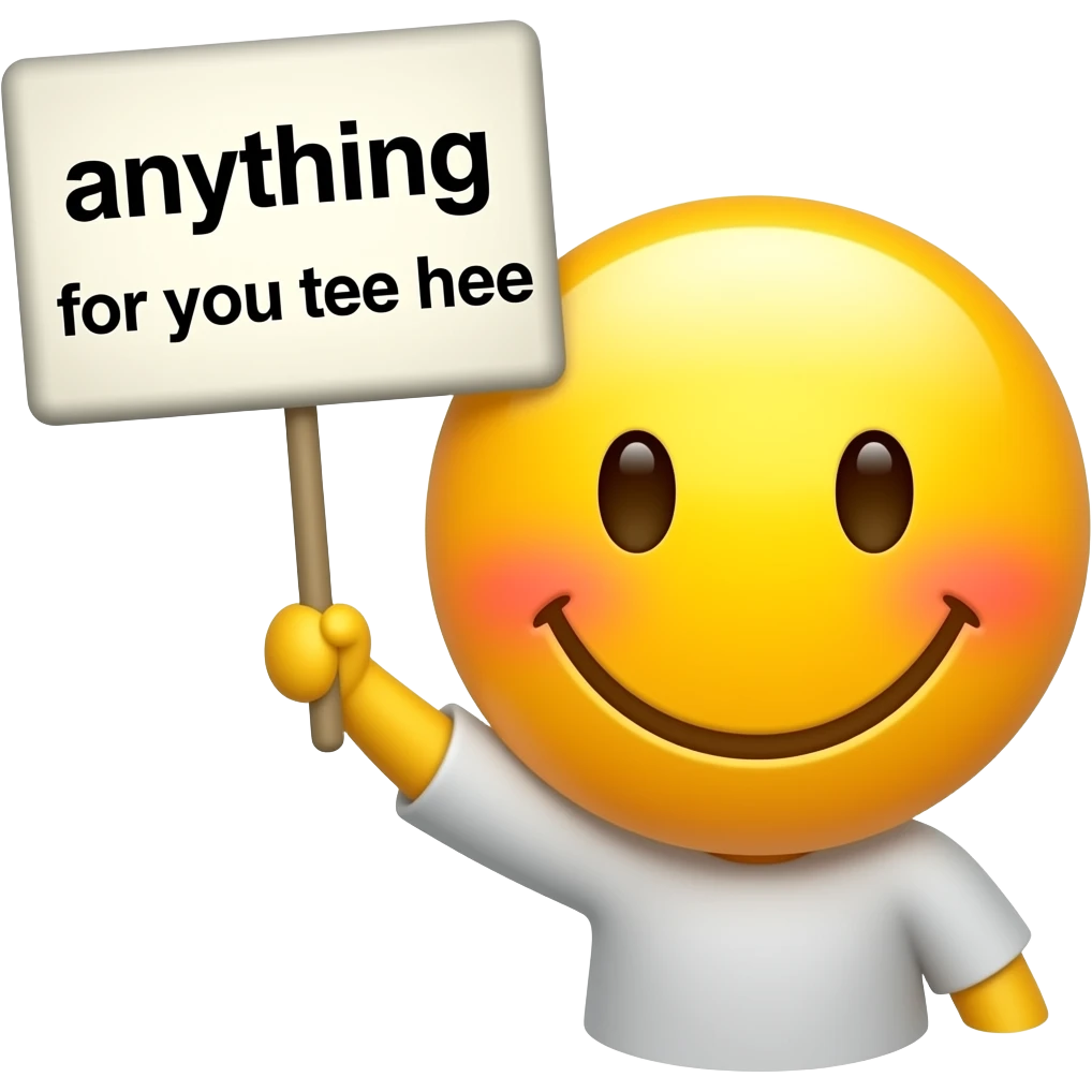 Yellow smiley blushing holding up a sign sign that says "anything for you tee hee" emoji